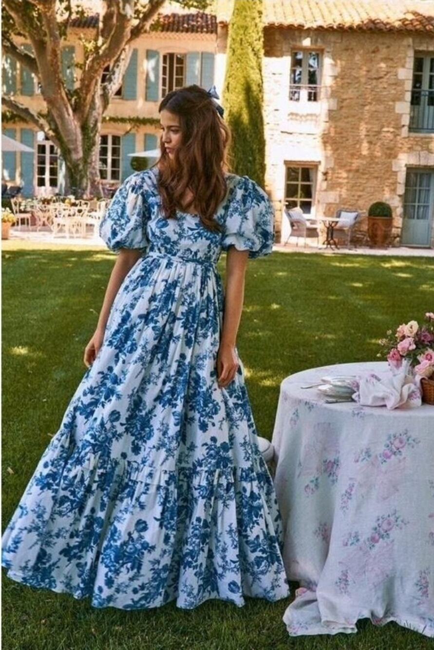 LoveShackFancy DANBURY Blue Floral Maxi Gown Dress Bridal Resort Vacation Sz 2